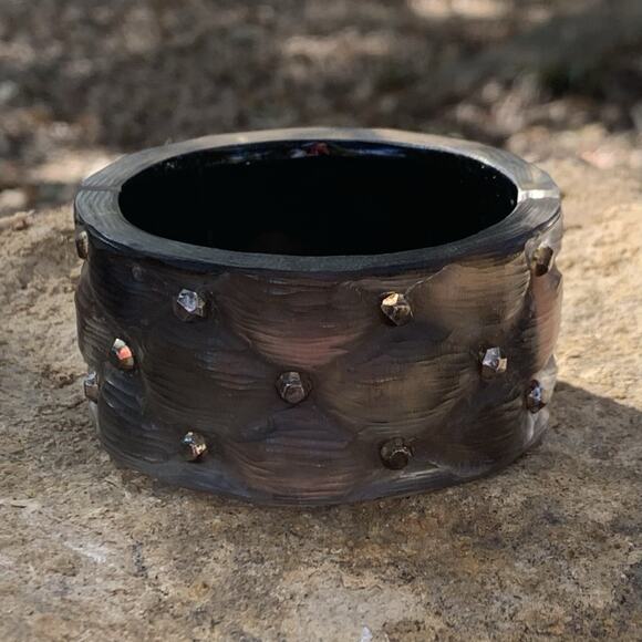 Handcarved Alexis Bittar Bracelet Lucite Gunmetal w Matte Gold Undertone & Studs - Picture 1 of 7